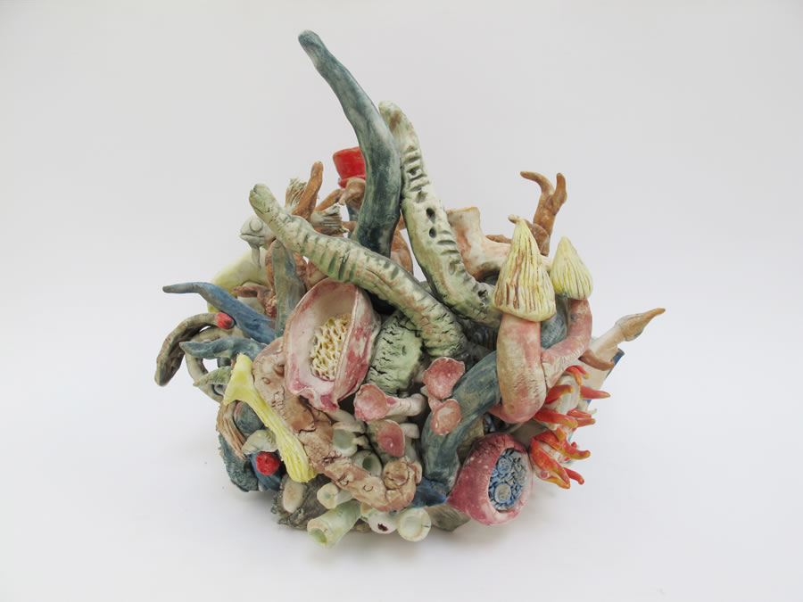 Biosenario, mushrooms and flowers porcelain sculpture.